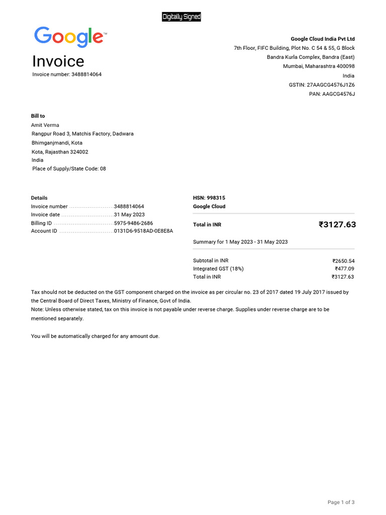 Google Cloud Invoice HSN 998315 | PDF | Invoice | Cloud Computing