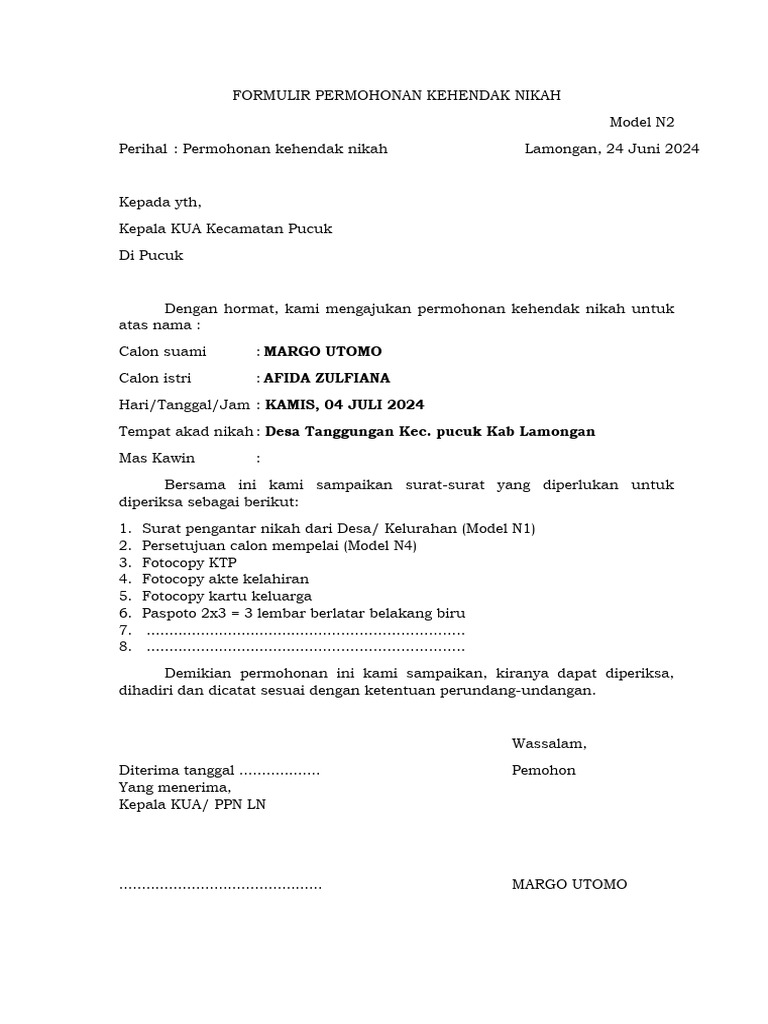 Contoh Formulir N2 Permohonan Nikah | PDF | Ilmu Sosial | Hukum