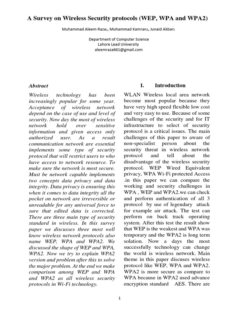 Wireless Security Protocols: WEP, WPA, WPA2 | PDF | Encryption | Wi Fi