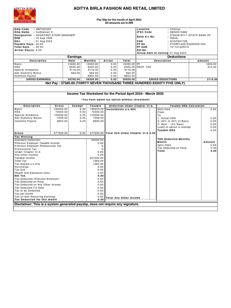 April 2024 Payslip for Sudharsan S | PDF | Taxes | Tax Deduction