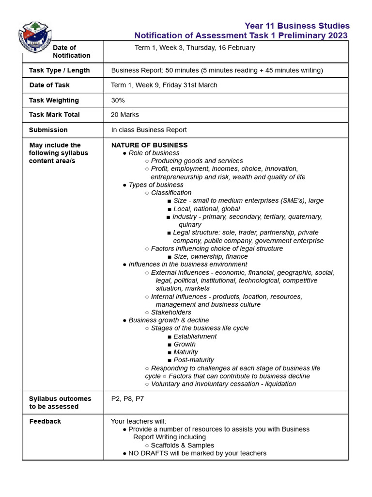 Year 11 Business Report Assessment Task | PDF | Business | Economies