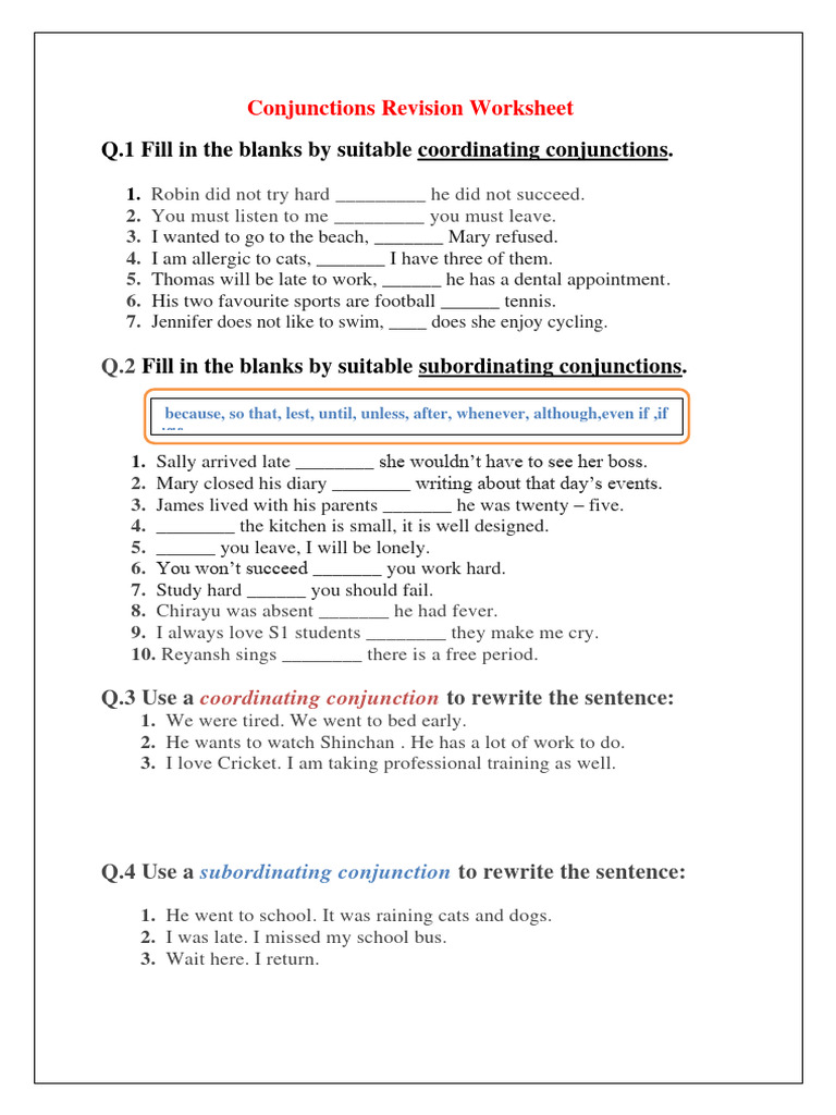 Conjunctions Worksheet | PDF