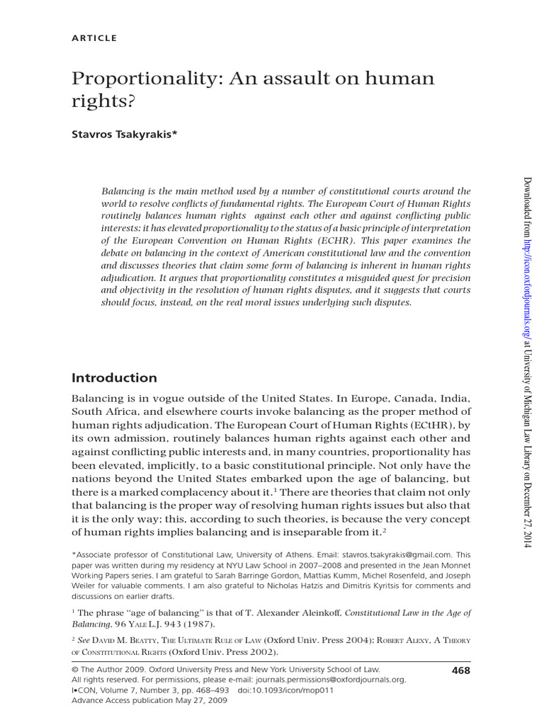 Tsakyrakis Proportionality Paper | PDF | Reason | Human Rights