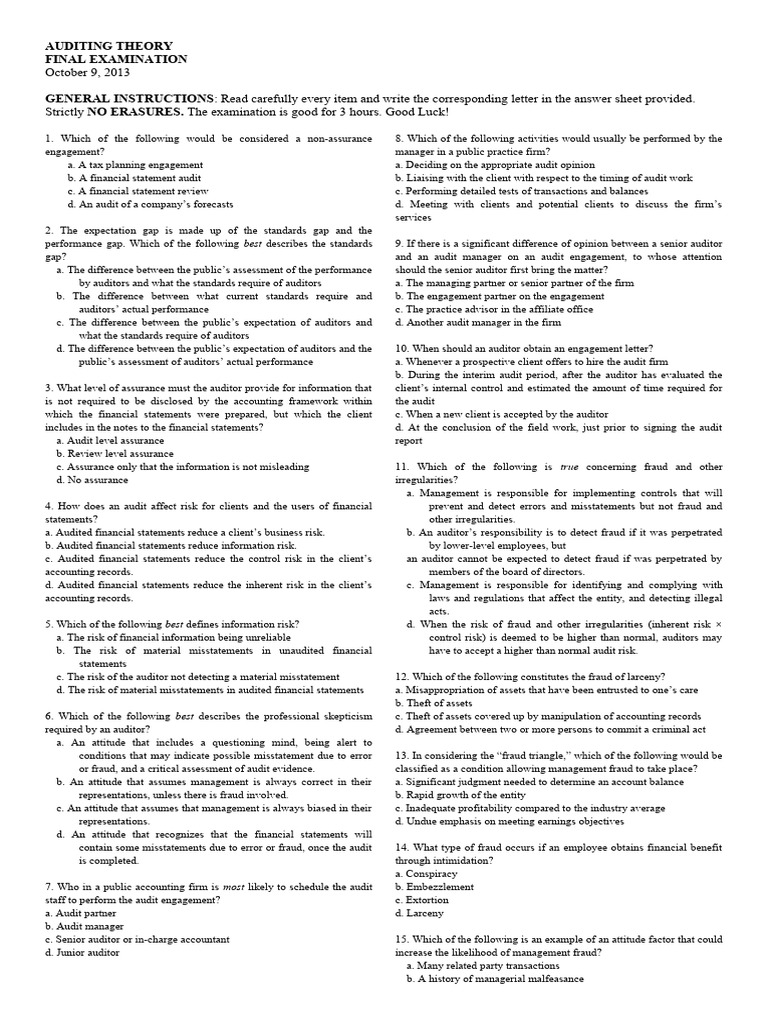 Auditing Theory Final Exam Questions | PDF | Audit | Auditor's Report