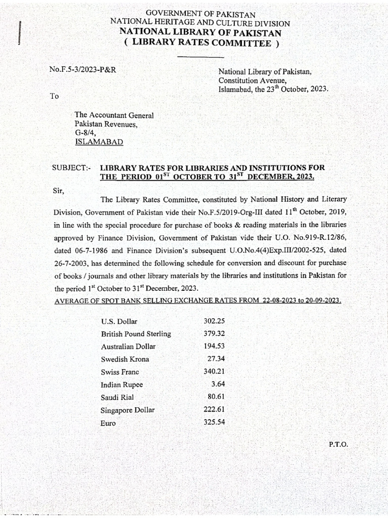 20-Library Rates (October To December 2023) | PDF