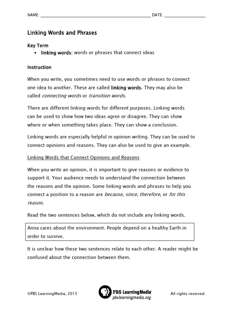 Linking Words for Opinion Writing | PDF | Reason | Phrase