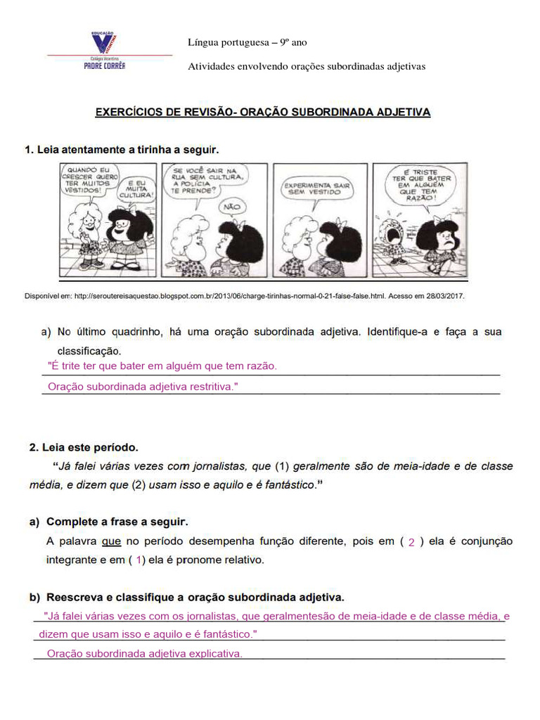 Atividades sobre Orações Subordinadas Adjetivas | PDF