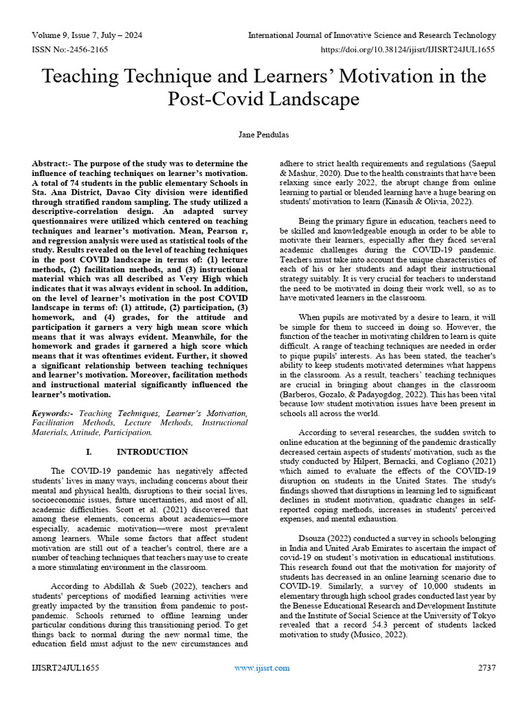 Teaching Technique and Learners' Motivation in The Post-Covid Landscape ...