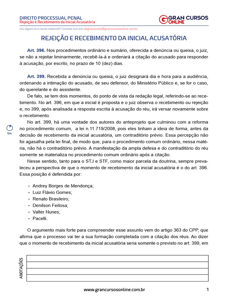 Aula 65 - Rejeição e Recebimento Da Inicial Acusatória | PDF | Réu ...