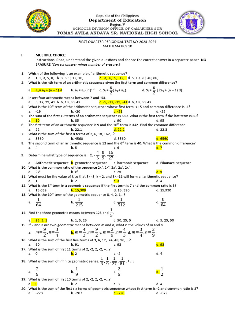 Math Periodical Test: Sequences & Polynomials | PDF | Division ...