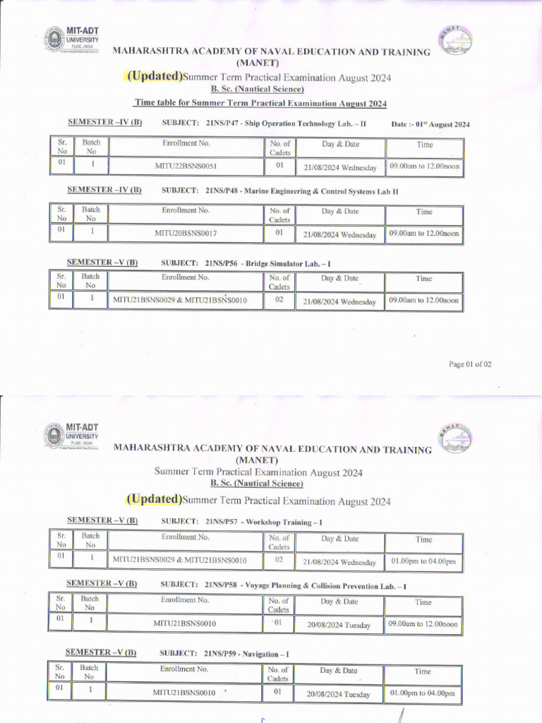 UPDATED Practical Exam Time Table August 2024 | PDF