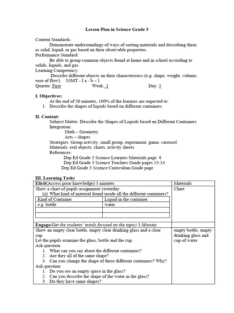 Grade 3 Science Lesson Plan: Liquids | PDF | Lesson Plan | Learning