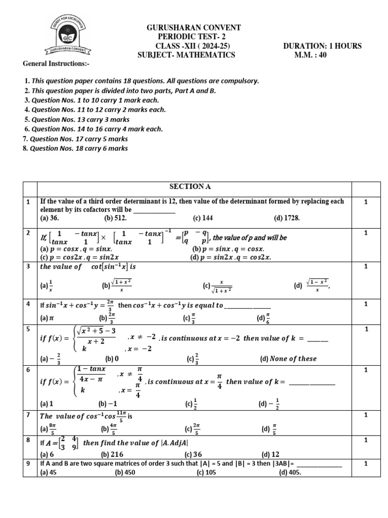 Test Paper PT2 Mathematics Class Xii | PDF | Mathematics | Algebra