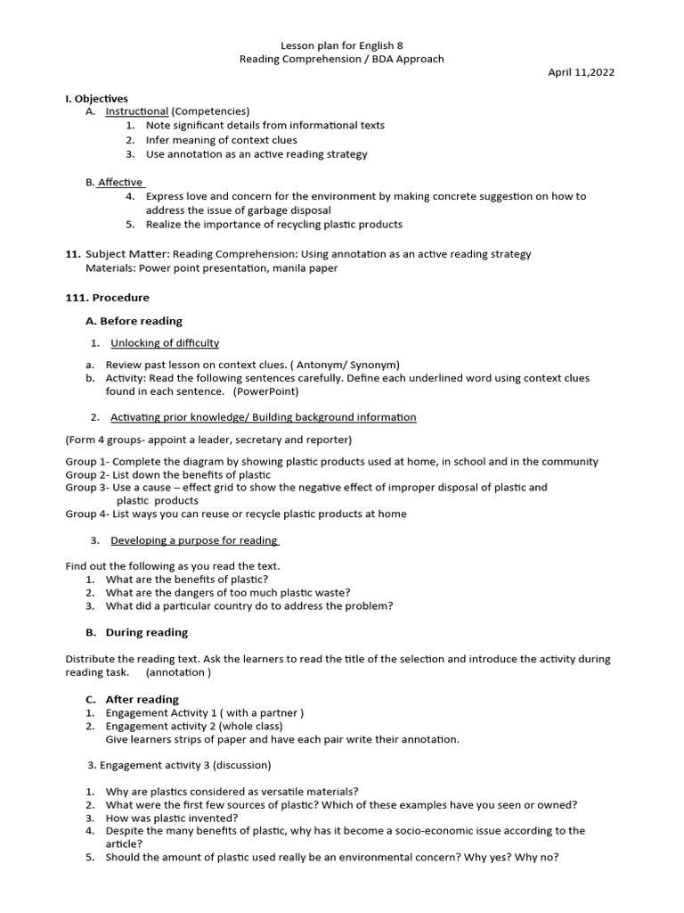 English 8: Reading & Recycling Lesson | PDF | Plastic | Recycling