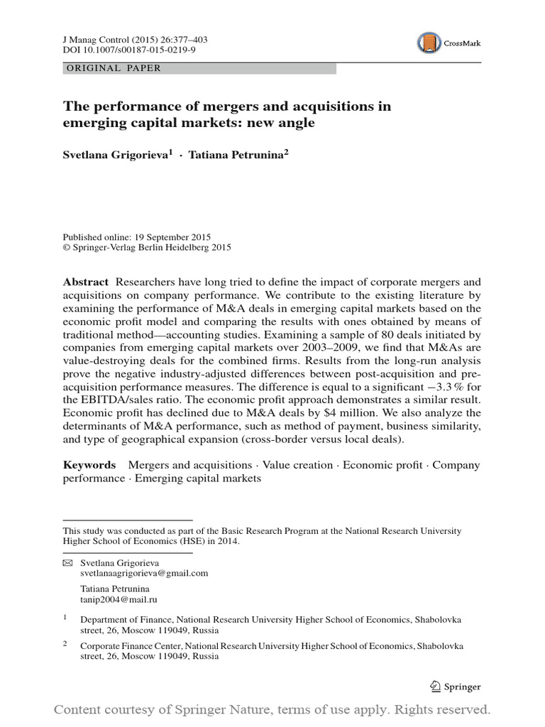 The Performance of Mergers and Acquisitions in Eme | PDF | Mergers And ...