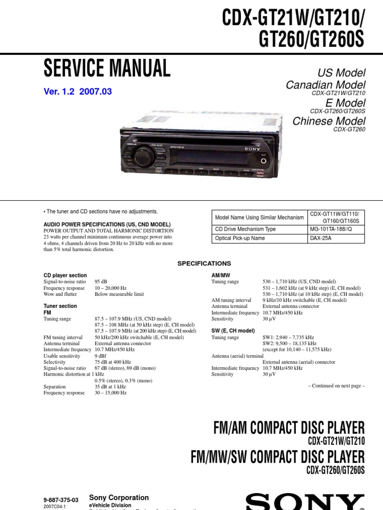 Sony+CDX-GT21W GT210 GT260 Esquema | Hertz | Disco Compacto (CD)