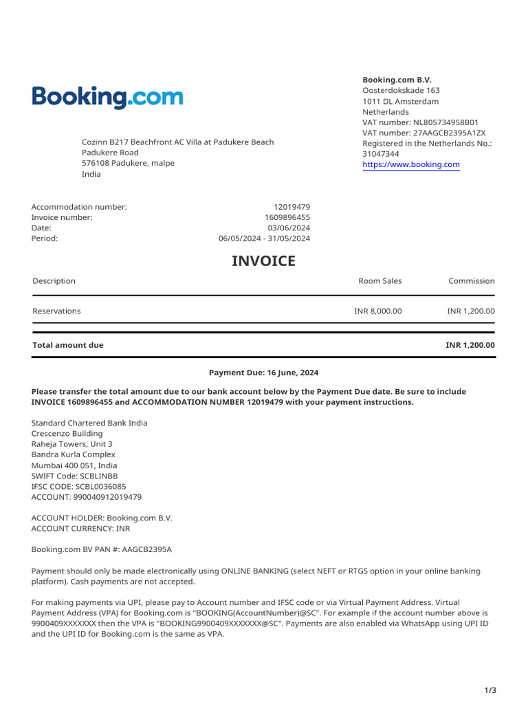 Invoice 1609896455 | PDF | Booking.Com | Invoice