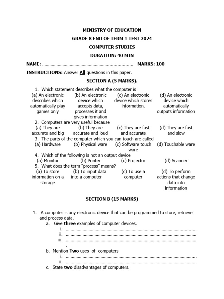 Grade 8 Computer Studies Test 2024 | PDF | Input/Output | Computer Hardware