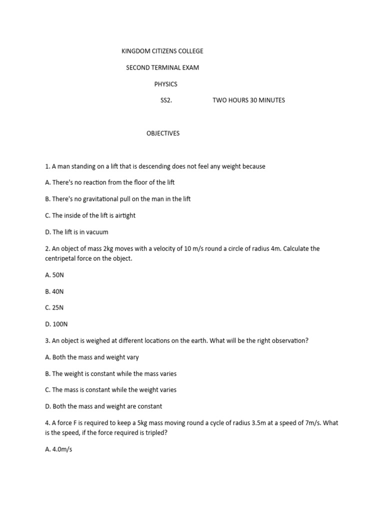 SS2 Physics Exam Questions and Answers | PDF | Force | Mass