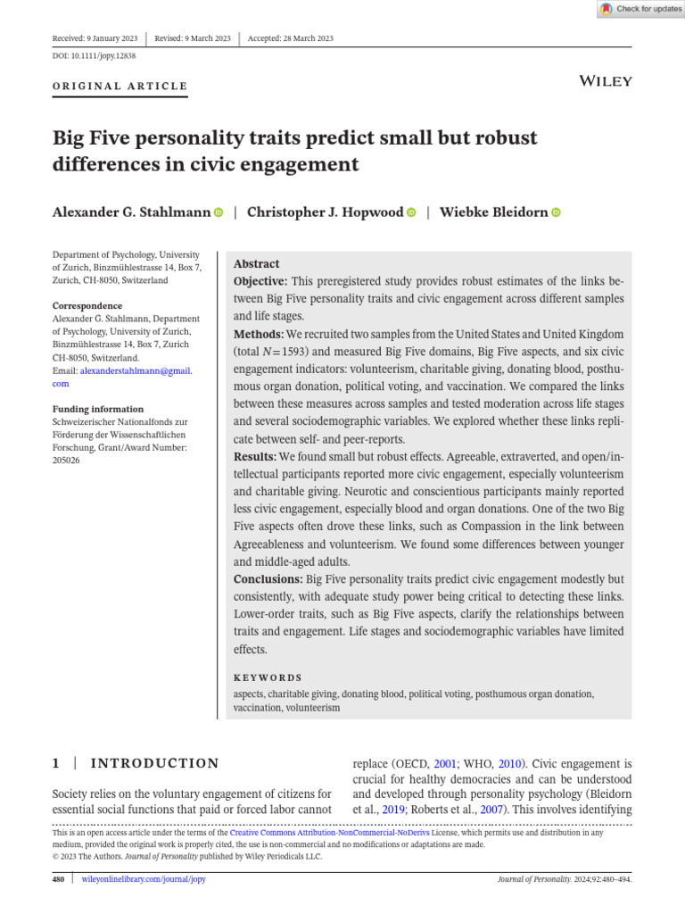 Big Five Traits and Civic Engagement Insights | PDF | Human Development ...
