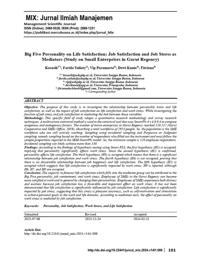 Big Five Personality and Life Satisfaction | PDF | Job Satisfaction ...