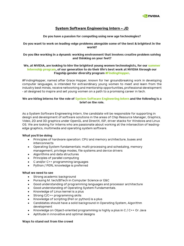 System Software Engineering Intern NVIDIA FindingHopper Summer