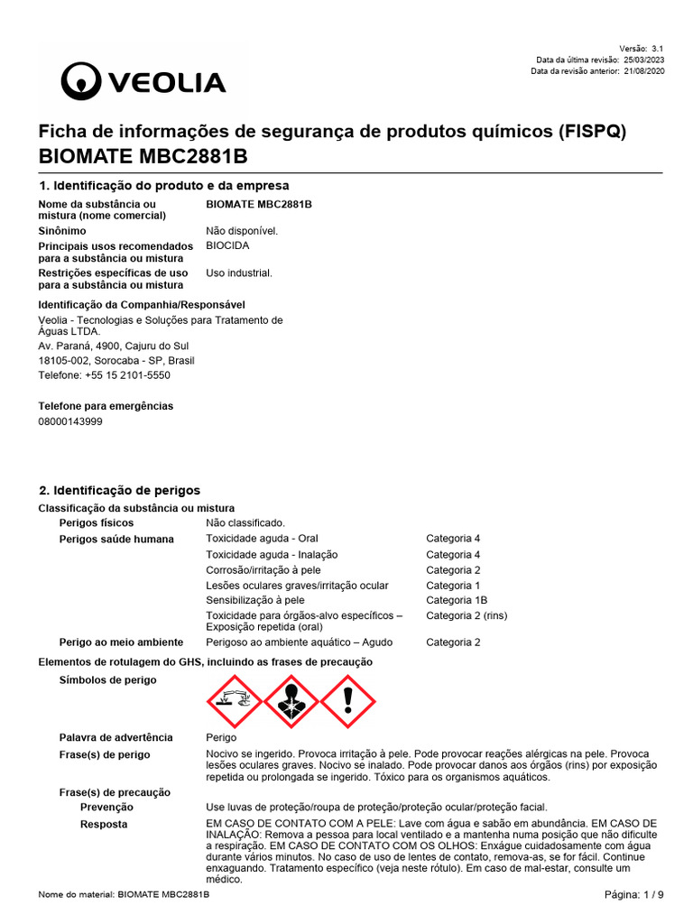 Ficha de Segurança do BIOMATE MBC2881B | PDF | Dermatite | Desperdício