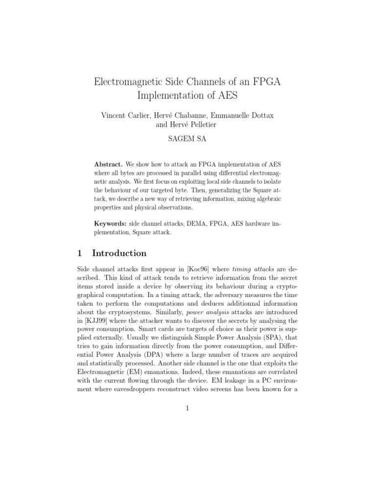 Electromagnetic Side Channels of An FPGA Implementation of AES | PDF ...