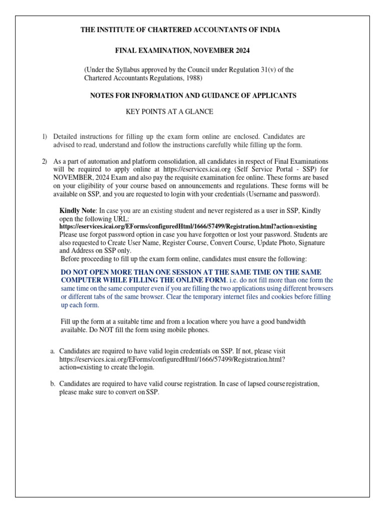 ICAI November 2024 Exam Application Guide | PDF | Multiple Choice