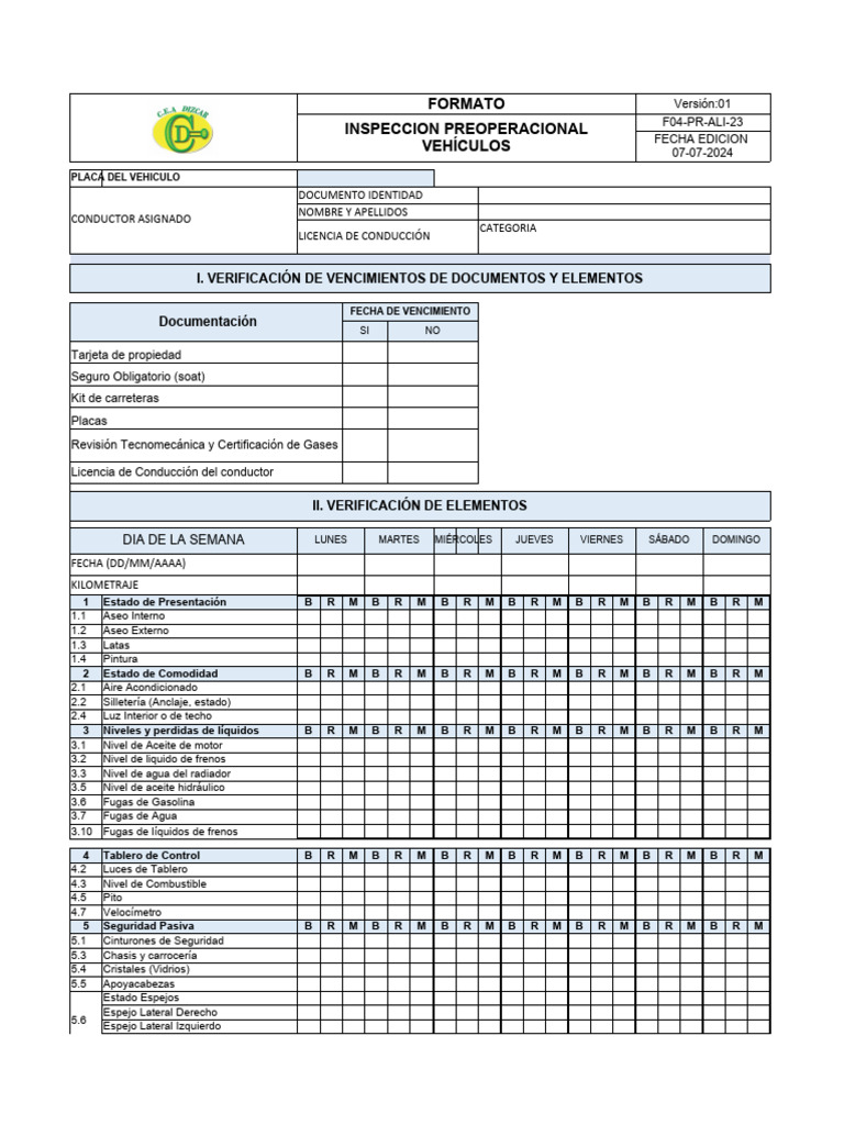 Formato Inspección Preoperacional Vehículos V1 | PDF | Vehículos ...
