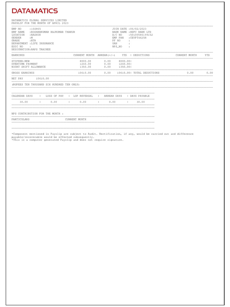 DGSL Pay Slip 164865 Apr 2023 | PDF | Government Finances | Taxes