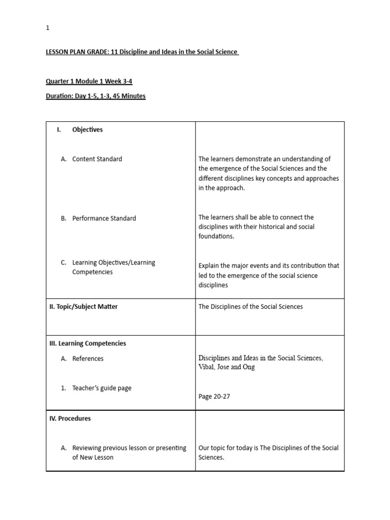 Social Sciences Lesson Plan for Grade 11 | PDF | Learning | Social Sciences