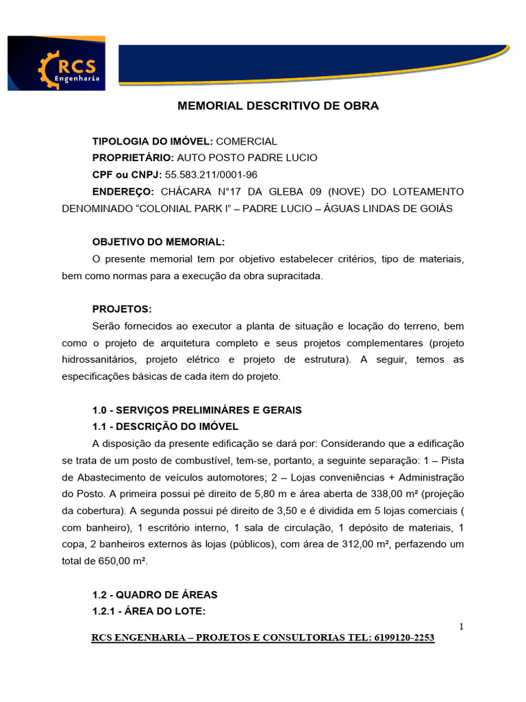 Memorial Descritivo: Auto Posto Padre Lúcio | PDF | Engenharia