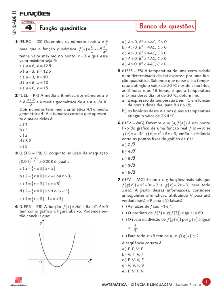 Exercícios de Função Quadrática | PDF | Função (Matemática) | Número real