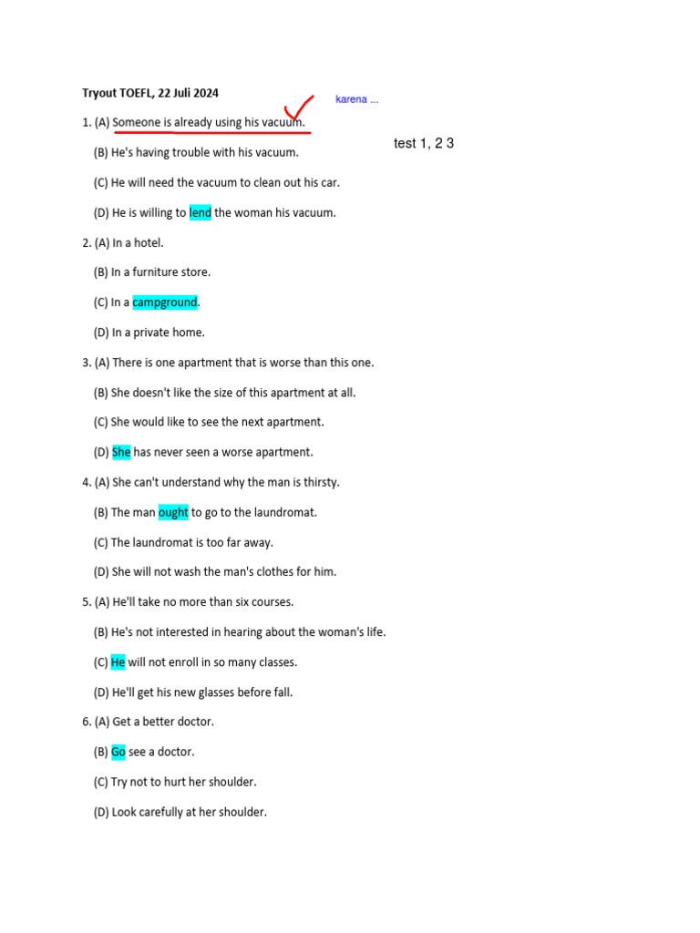 Tryout TOEFL I 22 Juli 2024 PDF Piano