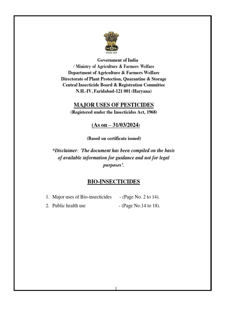 Major uses of pesticides insecticides bio insecticides as on 31 03 2024
