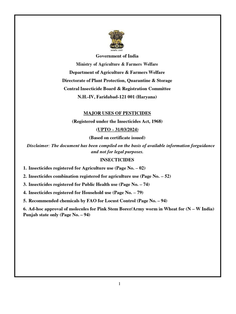 Major uses of pesticides insecticides as on 31 03 2024 pdf rice grain
