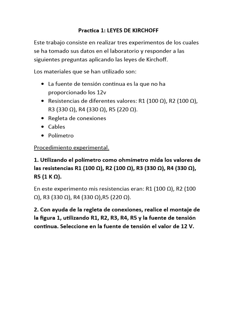 Experimentos sobre Leyes de Kirchhoff | PDF | Resistencia Eléctrica y ...