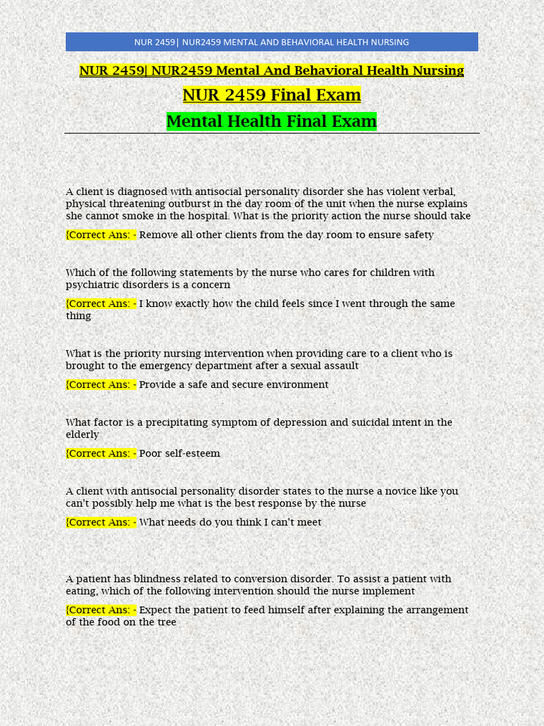 NUR 2459 Final Exam | PDF | Mental Disorder | Personality Disorder