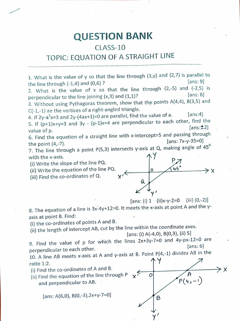 Class 10 Straight Line Equation Questions | PDF | Cartesian Coordinate ...