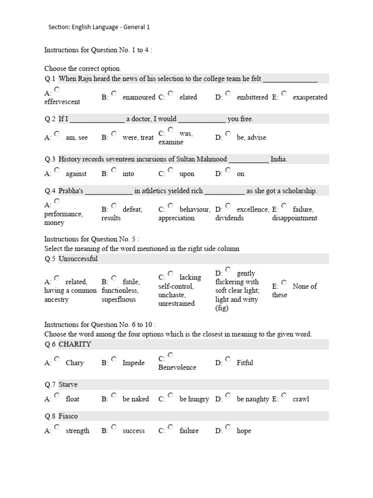 English Language Quiz: Vocabulary & Grammar | PDF