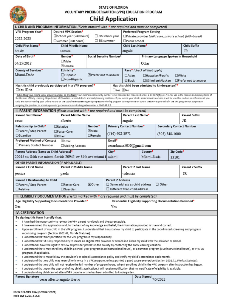 Florida VPK Child Application Form | PDF