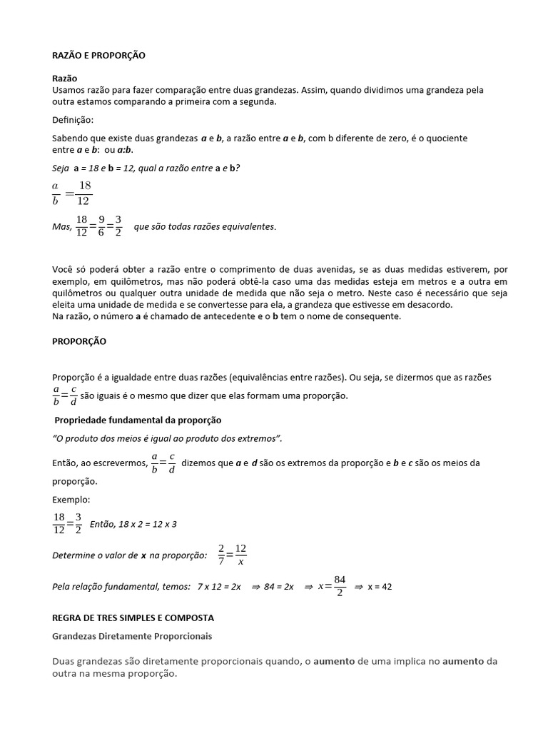 Razão e Proporção e Regra de Tres | PDF | Razão/Proporção | Tempo