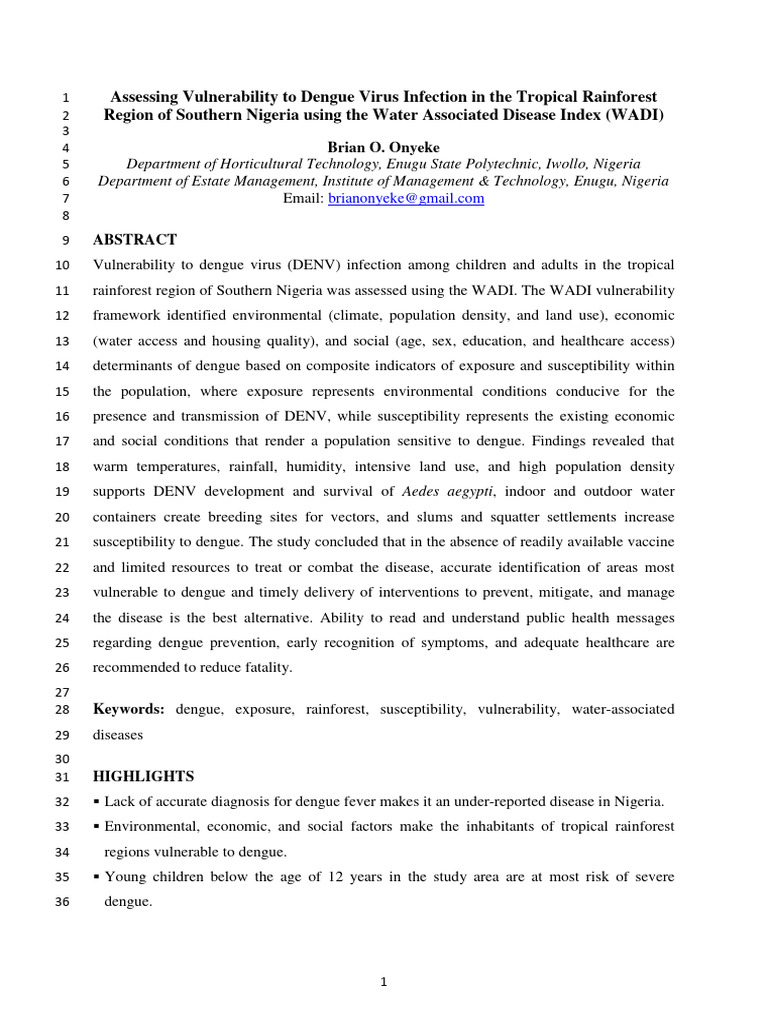 Assessing Vulnerability To Dengue Virus Infection in The Tropical ...