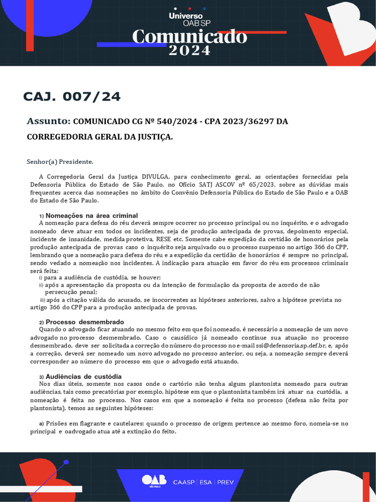 Caj. 007-24 - Comunicado CG #540-24 - Cpe 2023-36297 | PDF | Advogado