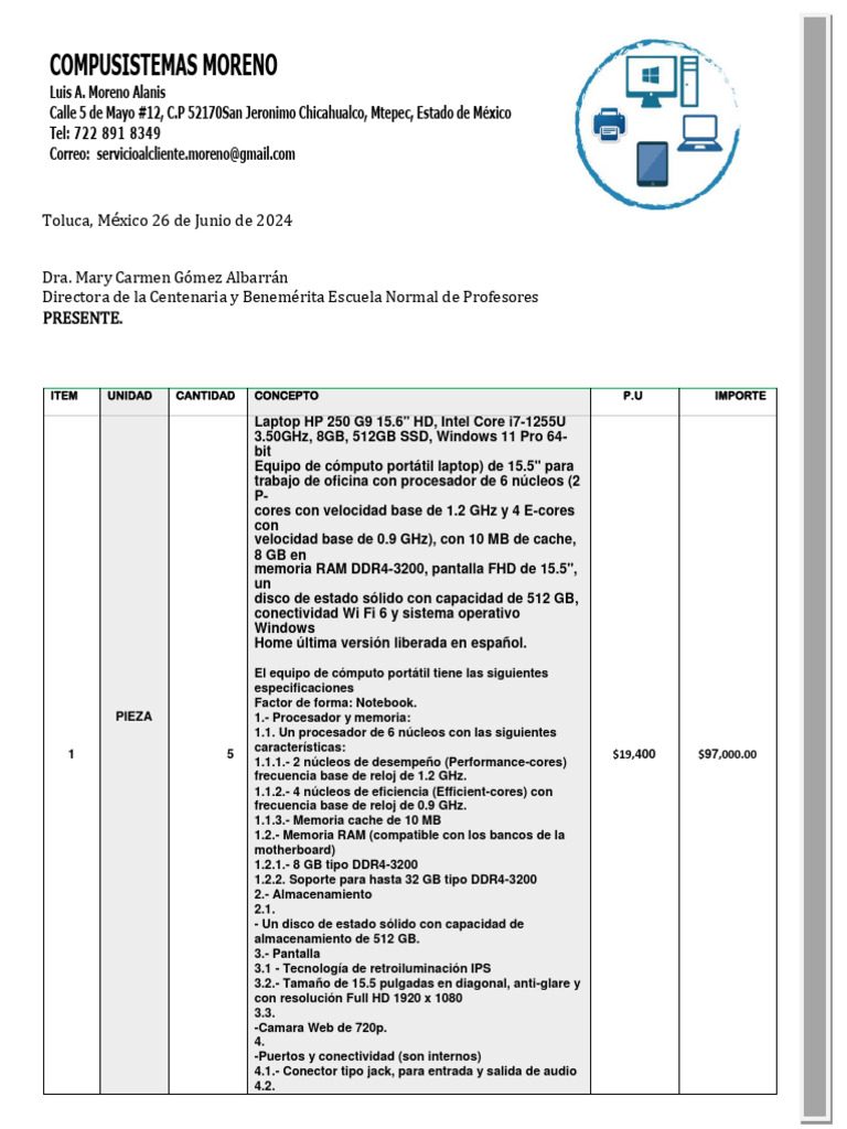 Cotizacion Equipo Computo No.128 | PDF | Ordenador portátil | Unidad de ...
