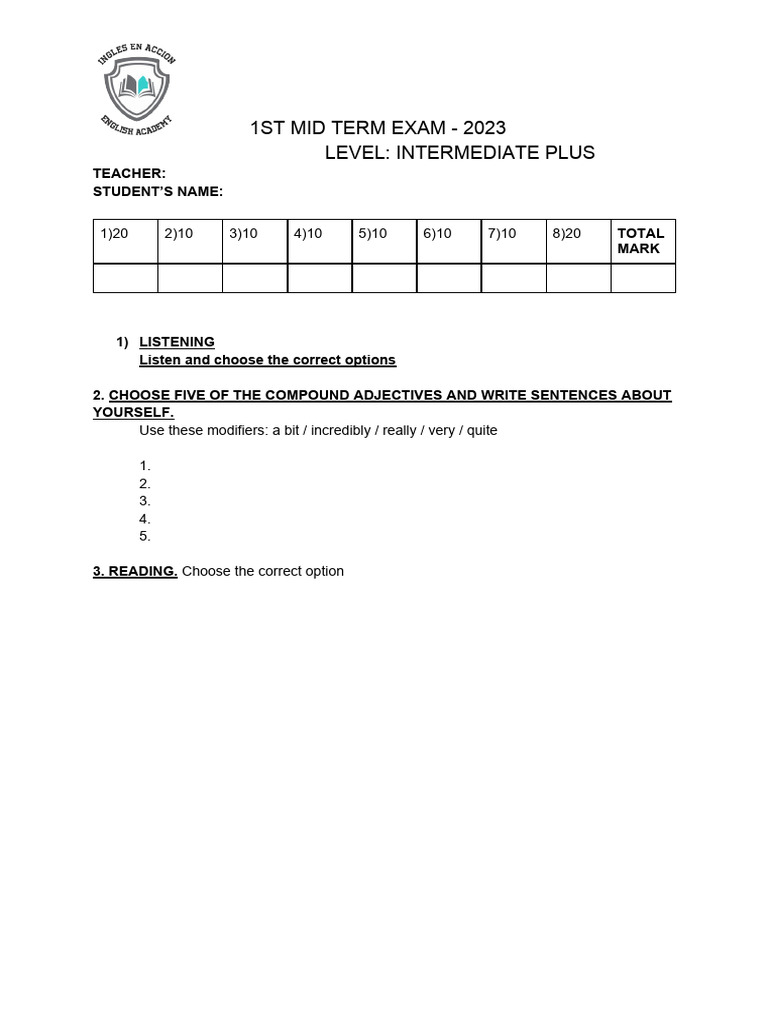 Intermediate Plus Mid-Term Exam 2023 | PDF | Linguistics | Grammar