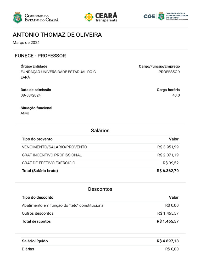 Salário e Descontos de Professor da FUNECE | PDF | Salário | Business