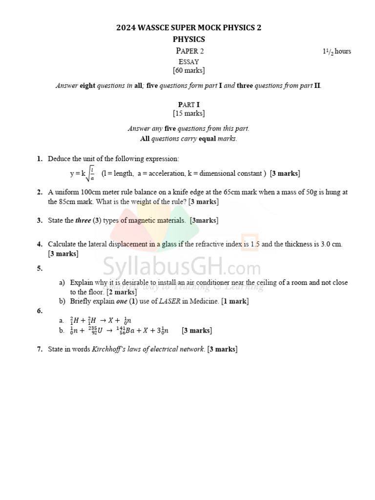 2024 WASSCE Physics Super Mock Exam | PDF | Waves | Photoelectric Effect