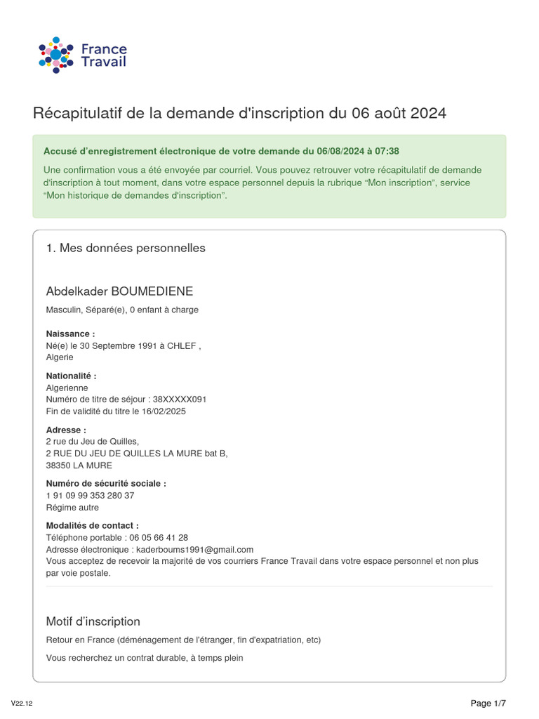 Récapitulatif Inscription FT 06 08 2024 | PDF | Évolution de carrière
